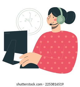 Woman working in 24 hours online service. Flat vector minimalist illustration of different work