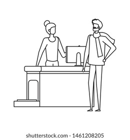 woman working in airport with computer and man traveler