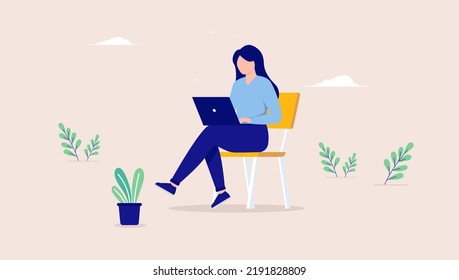 Woman working alone on computer sitting in chair with crossed legs. Flat design vector illustration