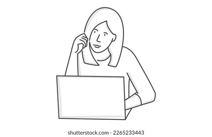 Woman working alone on computer. Hand drawn vector illustration.