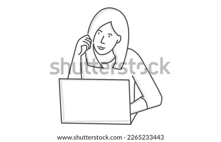 Woman working alone on computer. Hand drawn vector illustration.