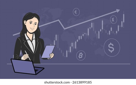 Woman working alone with stock market using laptop, analyzing trading vector.