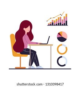 Woman is working analysis data analytics with llaptop. Vector flat illustrations.