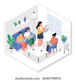 woman working away from home, enjoying a cup of coffee while using her laptop in her workspace