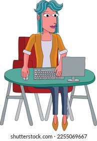 A woman working behind desk with a computer workstation in an original abstract cubist flat modern cartoon style. 