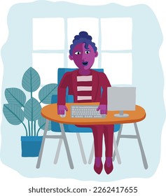 Eine Frau, die hinter einem Schreibtisch mit einer Computer-Workstation arbeitet, in einem originalen abstrakten Würfel, flach modernen Cartoon-Stil. 