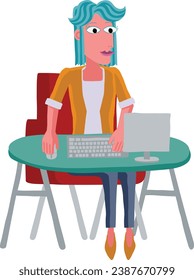 A woman working behind desk with a computer workstation in an original abstract cubist flat modern cartoon style. 