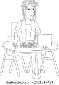 A woman working behind desk with a computer workstation in an original abstract cubist flat modern cartoon style. 