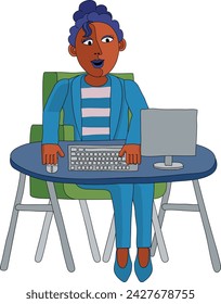 A woman working behind desk with a computer workstation in an original abstract cubist flat modern cartoon style. 