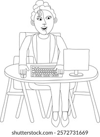 A woman working behind desk with a computer workstation in an original abstract cubist flat modern cartoon style. 