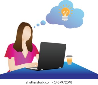 Woman working behind a laptop comes to a creative idea. Problem solution metaphor. Vector illustration flat design.
