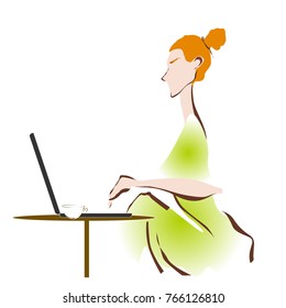 Woman working behind laptop, vector illustration