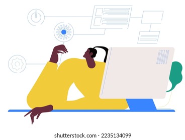 Woman working with big data and tech information on pc. System administrator setting software. Female coder at work with computer. Flat vector illustration of sysadmin isolated on white background