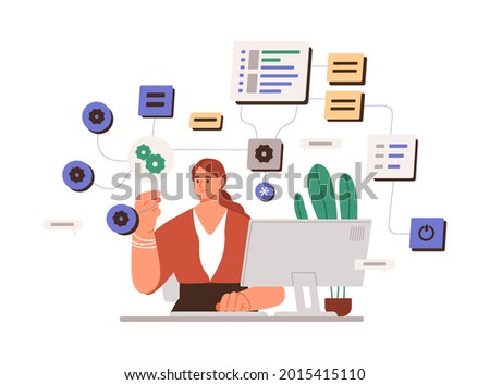 Woman working with big data and tech information on laptop. System administrator setting software. Female coder at work with computer. Flat vector illustration of sysadmin isolated on white background