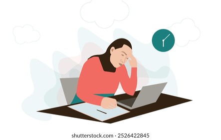 woman working by her laptop on the table illustration template - she is doing her homework by computer  