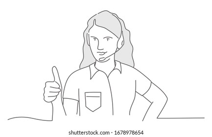 Woman working in call center. Girl showing success sign with a hand. Line drawing vector illustration.