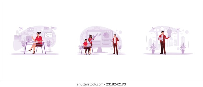 The woman working in the call center received messages and customer complaints in a friendly manner. Executive and two employees having a dialogue in a meeting. A young man is carrying a laptop.