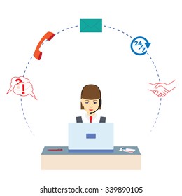Woman  working in a call center. Call center. Support service. Concept, illustration, elements for design.