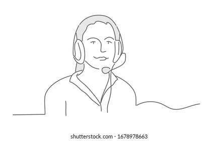 Woman working in call centre. Line drawing vector illustration.