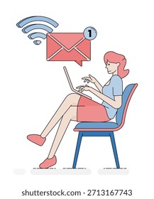 Mujer que trabaja casualmente mientras contesta correos electrónicos en su escritorio que muestra el flujo de trabajo de comunicación relajado y la productividad simple de la oficina Ilustración de dibujos animados de Vector para carteles, folletos, anuncios, negocios, Web