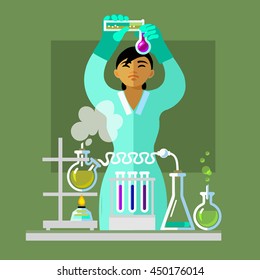 Woman working in the chemistry laboratory. Asian scientist  holding flasks is doing research.  Cartoon flat vector illustration.