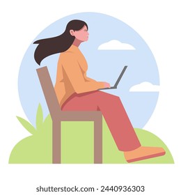 woman working in a city park. suitable for business themes. typing, finance, success, work. flat vector illustration.