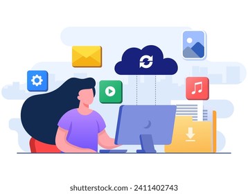 Woman working with cloud computing and database service, Synchronize data, Secure file sharing, Upload and download files in the cloud server, Data backup, Online cloud storage
