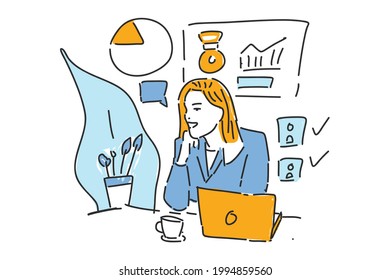 woman working coffee hand drawn illustration