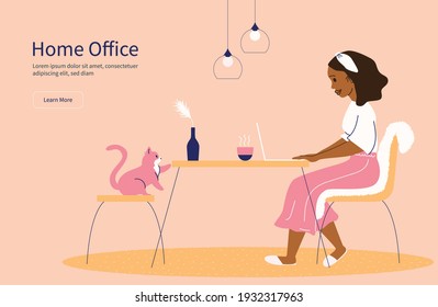 Woman working comfortably from her dining room with her cat