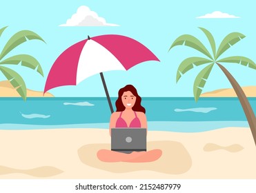 Mujer trabajando con un ordenador en la playa de diseño plano. Vacaciones para portátiles.