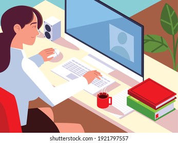 woman working with computer books on the desk workspace vector illustration