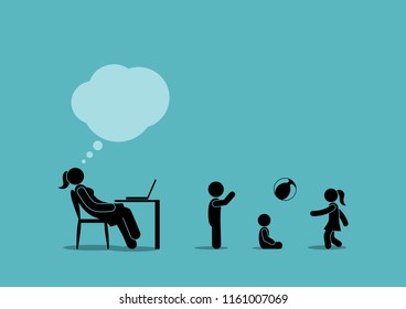 Woman working at the computer. Children play nearby. Illustration work freelance home.