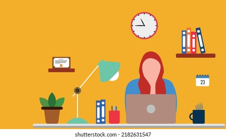 Woman working at the computer. Concept of freelance, work from home, programmer, designer,style.
