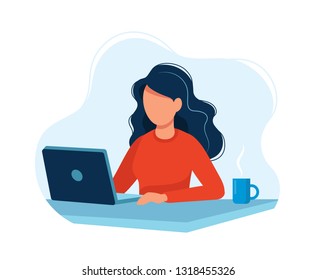 Woman working with computer. Concept illustration, working process, management, freelance, office, work from home, business meeting via internet, communication. Bright colorful vector illustration. 