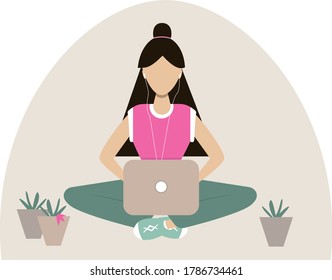 Woman working with computer. Concept illustration, working process, management, freelance, office, work from home.