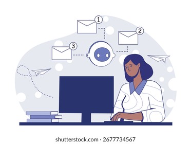 Mujer que trabaja en un escritorio de la computadora mientras que el chatbot de la IA maneja los mensajes de correo electrónico entrantes, con los planos de papel y los libros en fondo abstracto suave. Ilustración vectorial