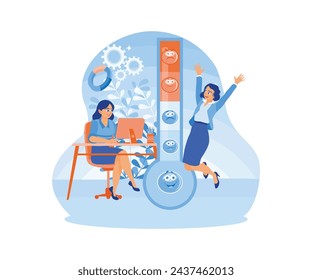 Woman working at the computer. Energetic and enthusiastic female employee. Stress Levels concept. Flat vector illustration.