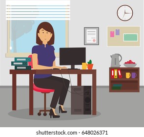 Woman working with Computer and Folders at her desk in an office. Young Businesswoman sitting and working conceptual illustration vector.
