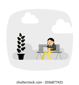 woman working at a computer in the garden vector