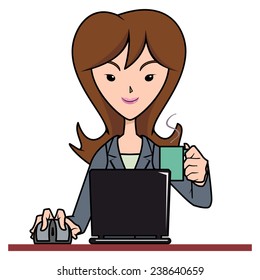 Woman working with computer, holding cup, vector illustration 