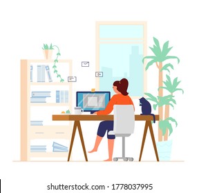 Woman Working At Computer From Home Back View Leg Crossed. Home Office Interior. Freelancer At Work. Flat Vector Illustration.