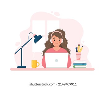 Woman working with computer, home office, student or freelancer. Customer service, call center and support. Cute concept vector illustration in flat style