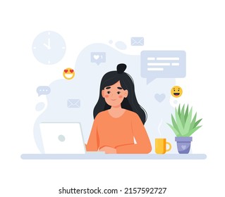 Mujer trabajando con computadora, oficina en casa, estudiante o independiente. Servicio al cliente, centro de llamadas y asistencia. Ilustración vectorial de concepto en estilo plano