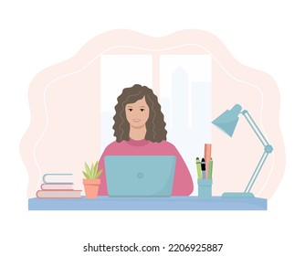 Woman working with computer, home office, student or freelancer, customer service. Vector illustration