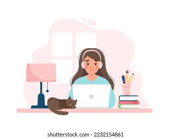 Woman working with computer, home office, student or freelancer. Customer service, call center and support. Cute concept vector illustration in flat style