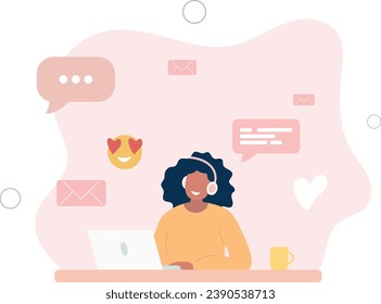 woman working with computer, home office, student or freelancer. Customer service, call center and support.