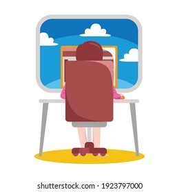 Woman working with computer at home. Vector illustration in flat design.