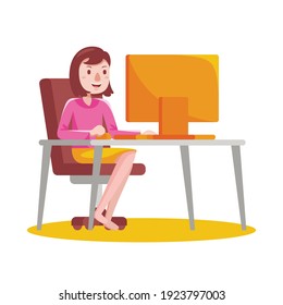 Woman working with computer at home. Vector illustration in flat design.