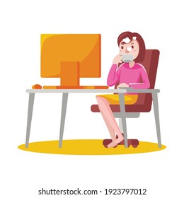 Woman working with computer at home. Vector illustration in flat design.