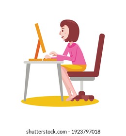 Woman working with computer at home. Vector illustration in flat design.